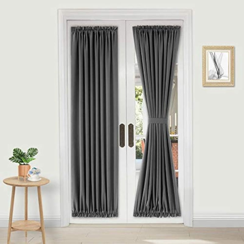 DWCN French Door Curtains â€“ Rod Pocket Thermal Blackout Curtain for Doors with Glass Window, Kitchen and Patio Doors for Privacy, 25 X 72 Inches Long, 1 Curtain Panel with Tieback, Dark Grey - Image 1